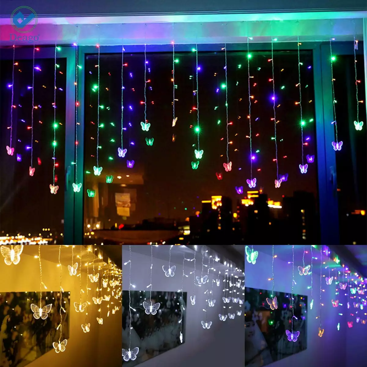 Deago 11.5 Ft 96 LED Butterfly String Lights Curtain Light 8 Mode for Indoor. Outdoor. Christmas. Wedding. Party. Decorations (Multi-color)