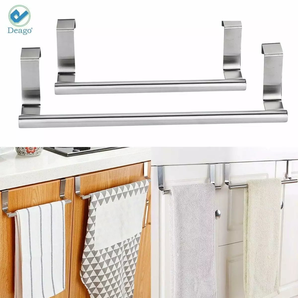 Deago 2 Packs Stainless Steel Over Door Towel Hanger Rack Bar Holders for Universal Fit on Cabinet Cupboard Doors (14 inch)