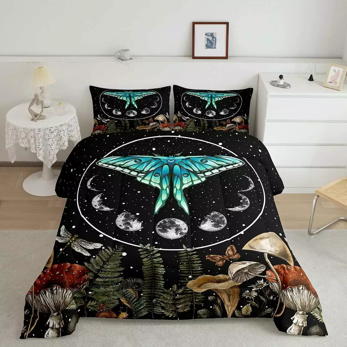 Death Moth Comforter Hippy Mushroom Bedding. Boho Moon Phase Bedding Sets & Collections Bohemian Twin Comforter Set. Luxury Vintage Quilt Comforter Chic Butterfly Dragonfly Duvet Sets Soft Cozy. 2Pcs