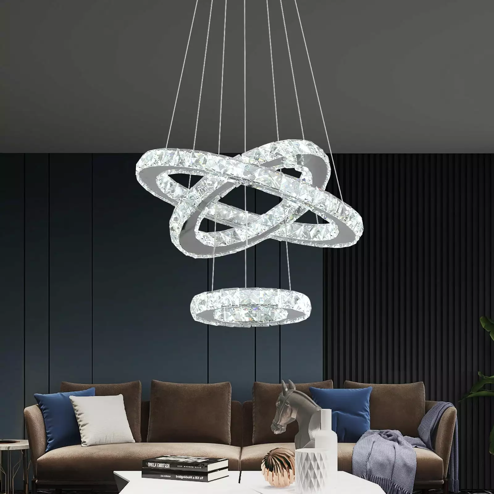 Deckrico Modern Crystal Chandeliers for Living Room W15.7 LED Chandelier 3 Rings Pendant Light for Dining Room