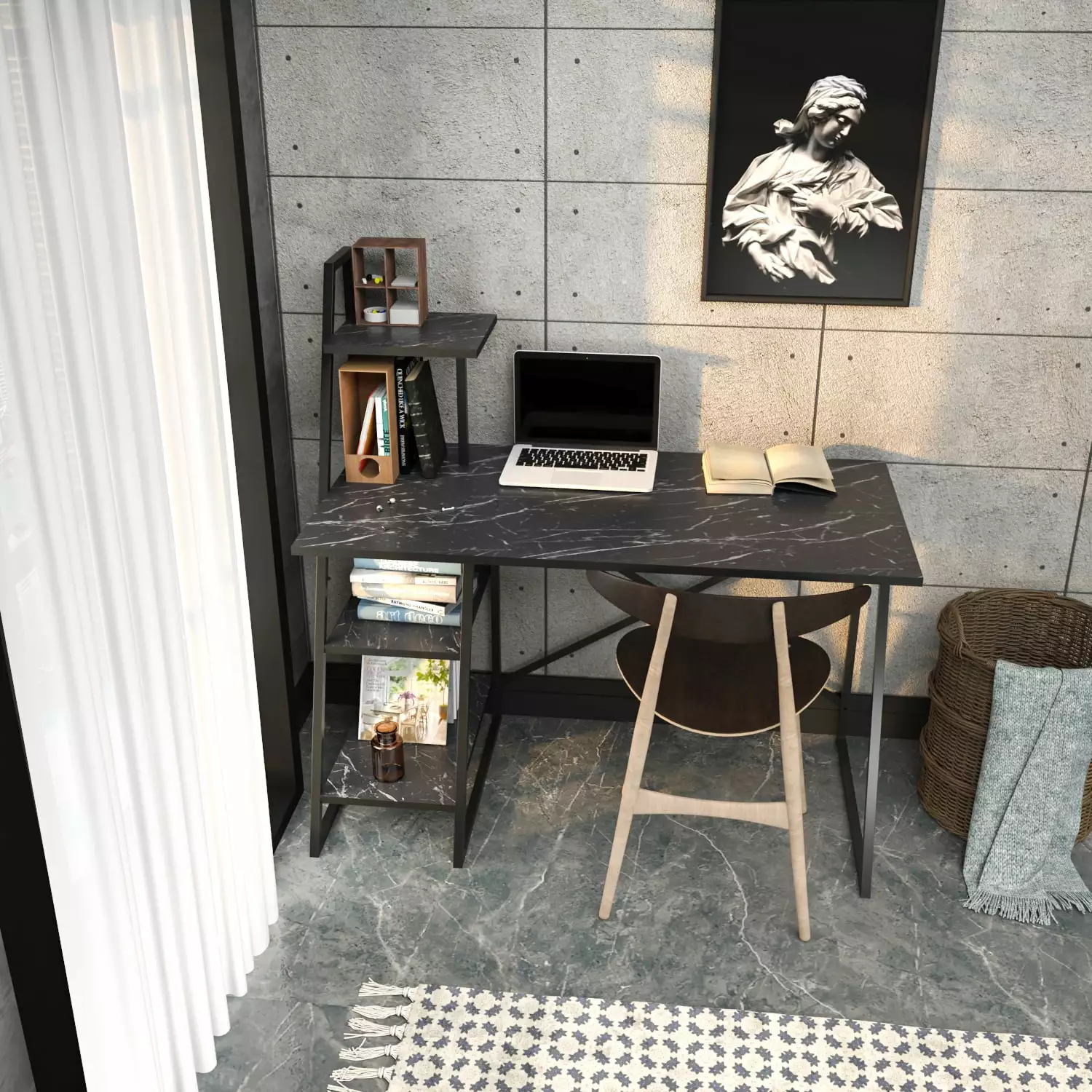 Decorotika Admira Home Office Metal Computer/Writing Desk with 3 Tier Tower Shelves - Marble Finish Black