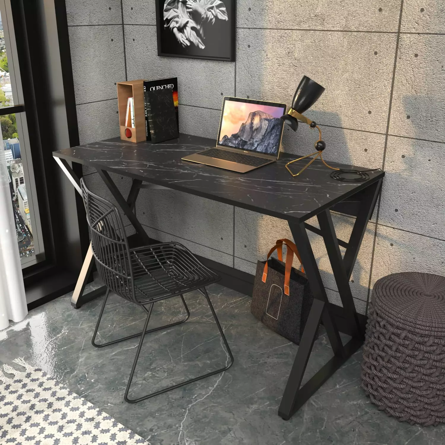 Decorotika Gyza Modern Industrial Metal Computer/Writing Desk with Shelves. Black