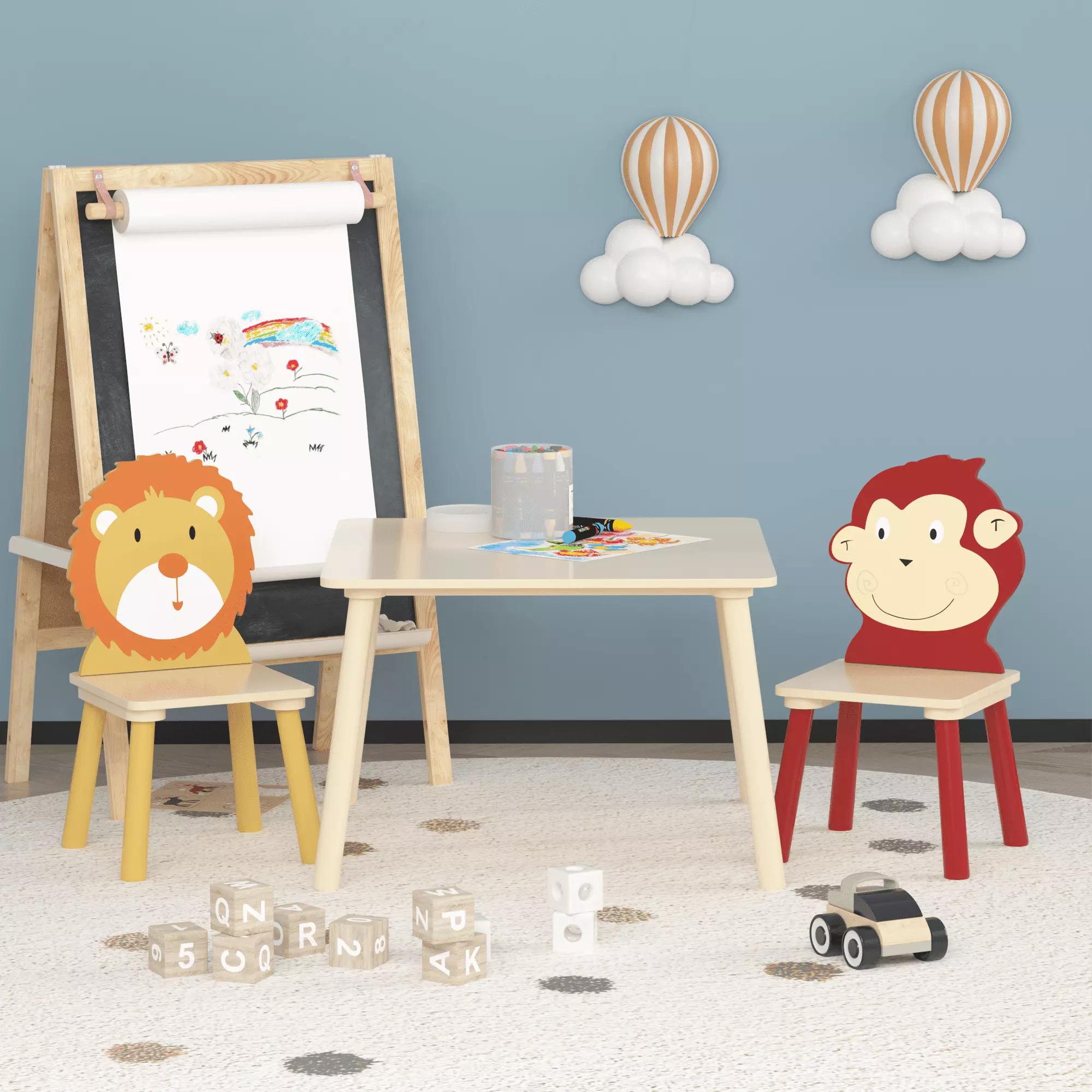 DeeHome Kids Table and 2 Chairs Set. 3 Pieces Toddler Table and Chair Set. Wooden Activity Play Table Set (Lion&Monkey)