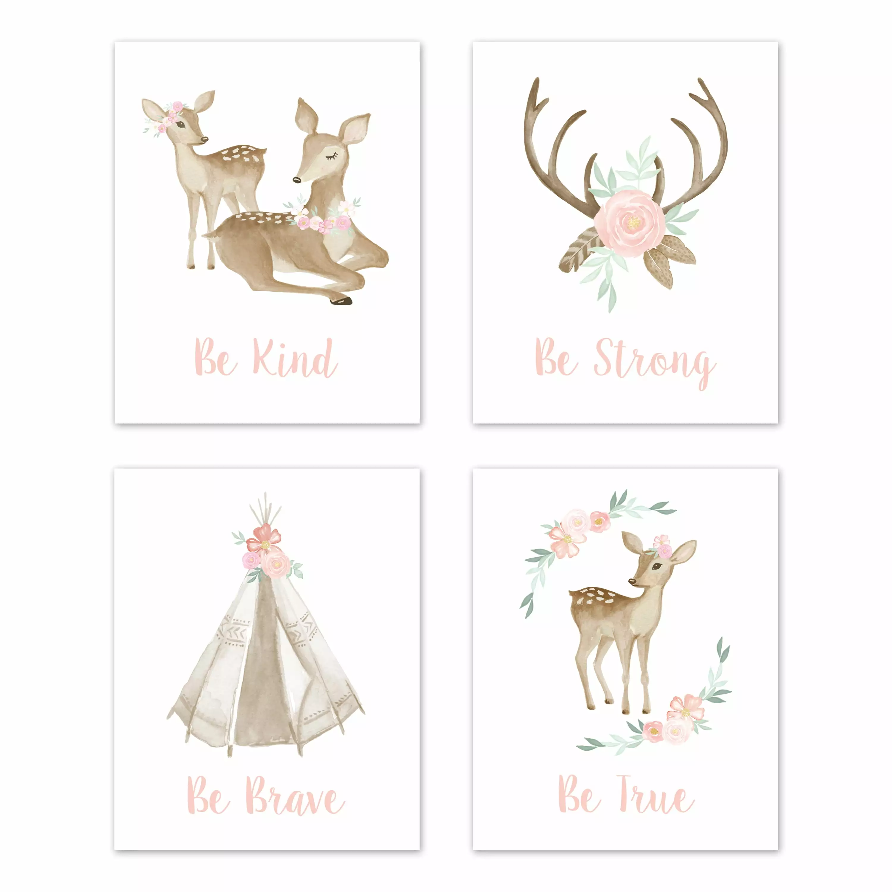 Deer Floral 4 Piece Wall Art Prints by Sweet Jojo Designs