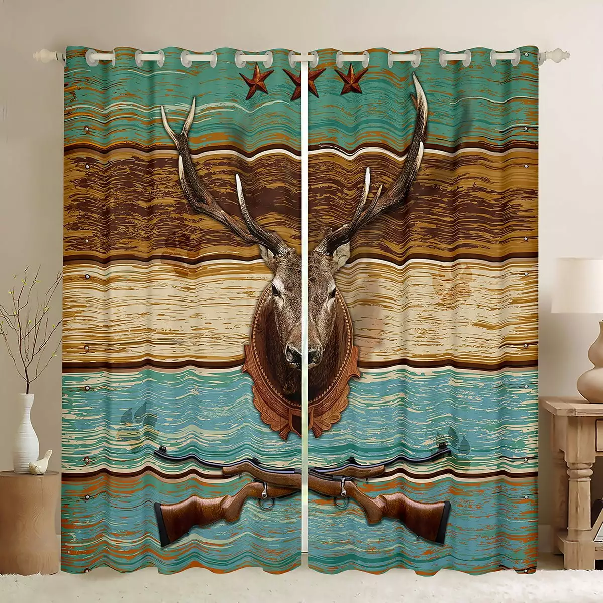 Deer Hunting 2 Panels 42Wx63L Curtains.Hunter Shotgun Curtains & Drapes Western Blackout Curtains Vintage Green Brown Lodge Cabin Rustic Woodland Moose Elk Reindeer Farmhouse Decor