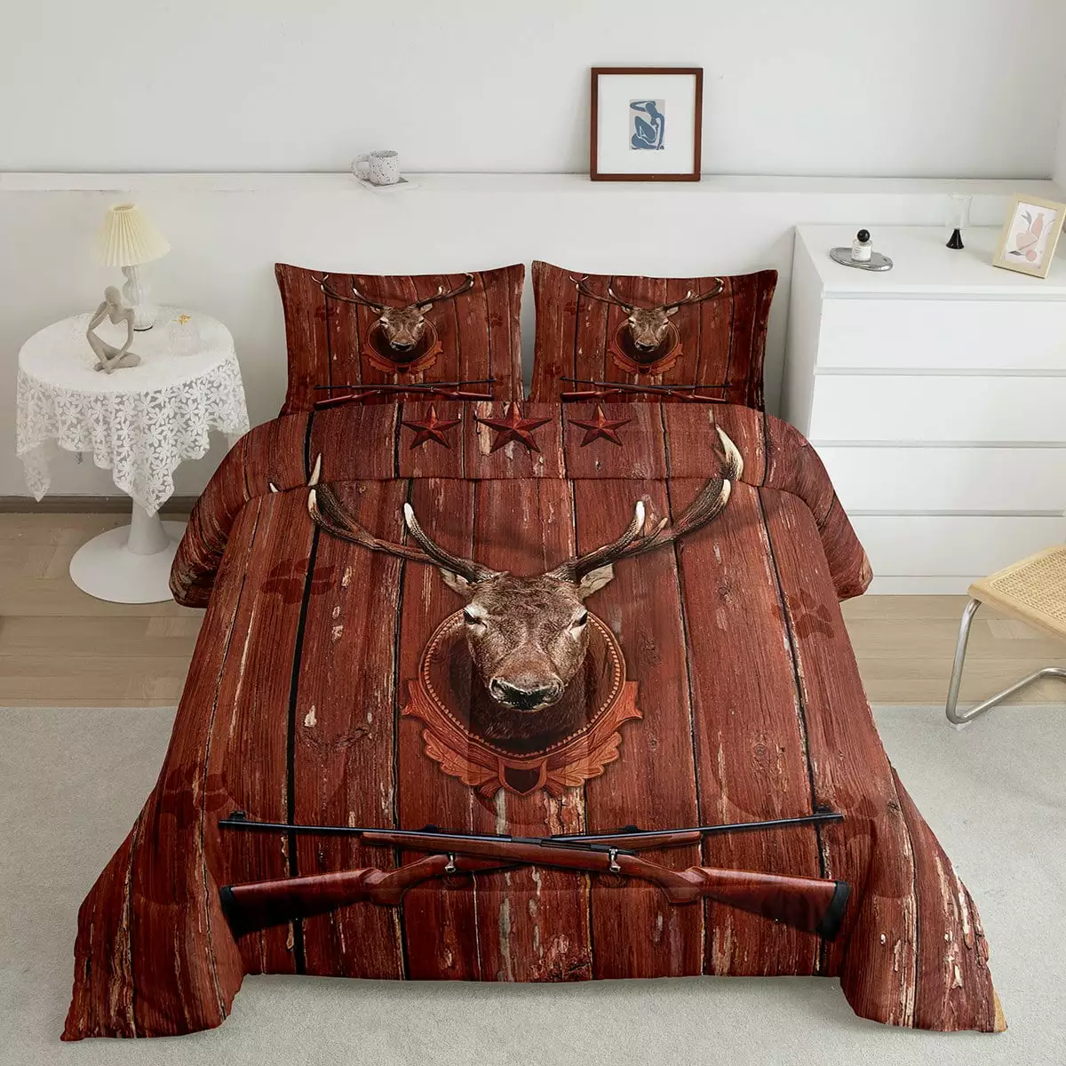 Deer Hunting Twin Comforter Set for Boys.Hunter Shotgun Quilt Western Bedding Set Vintage Rust Red Lodge Cabin Rustic Duvet Insert Woodland Wildlife Moose Elk Reindeer Farmhouse Decor