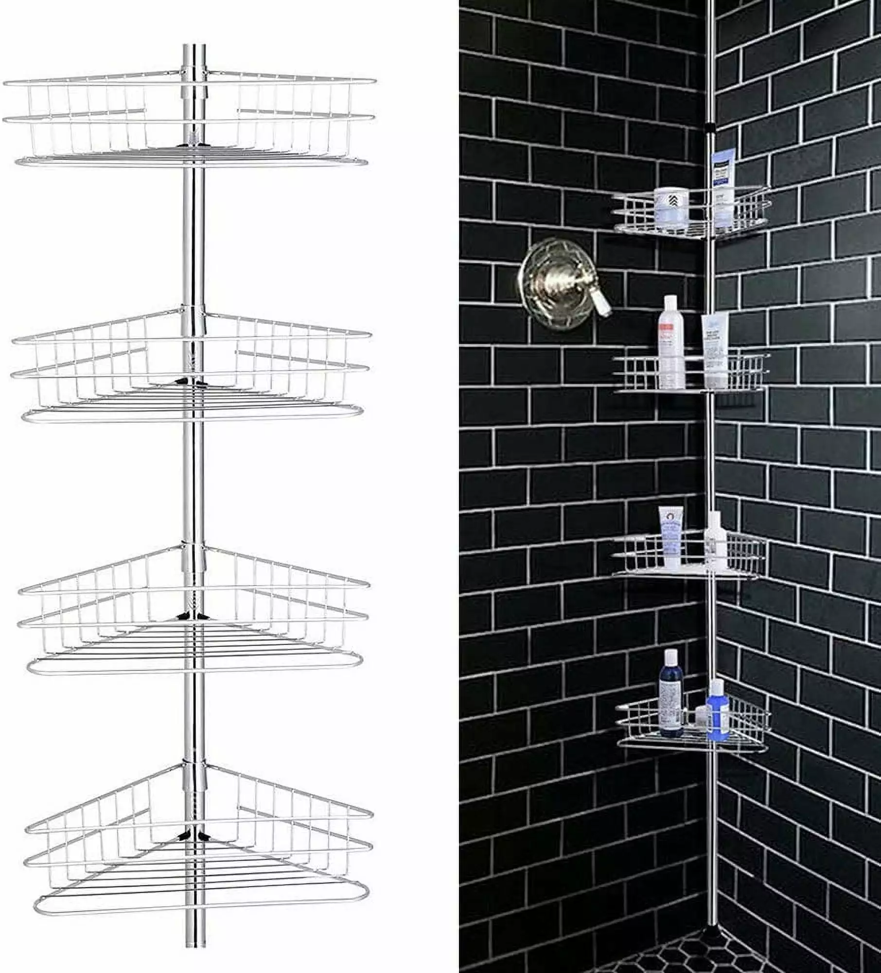 Delaman 4-Tier Bathroom Shower Shelf Rack Storage Basket with Hook Constant Tension Corner Shower Caddy Shower Tension Pole Caddy 4-Shelf Rustproof Shower Tension Pole Caddy