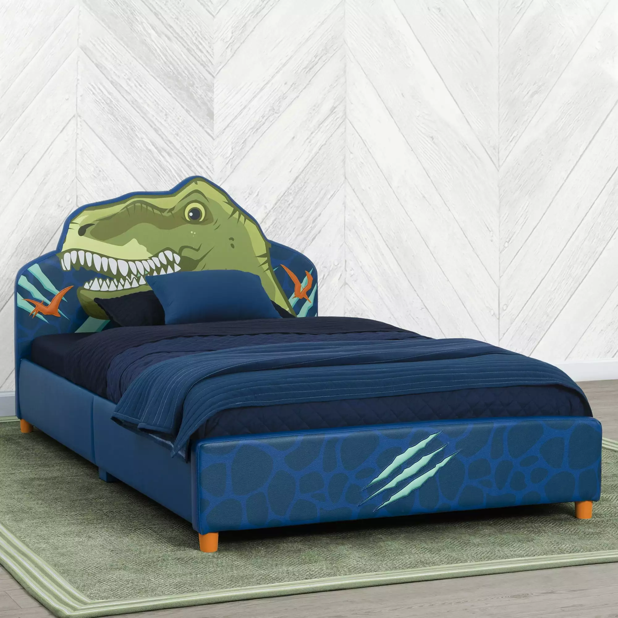 Delta Children Dinosaur Upholstered Twin Bed. Blue