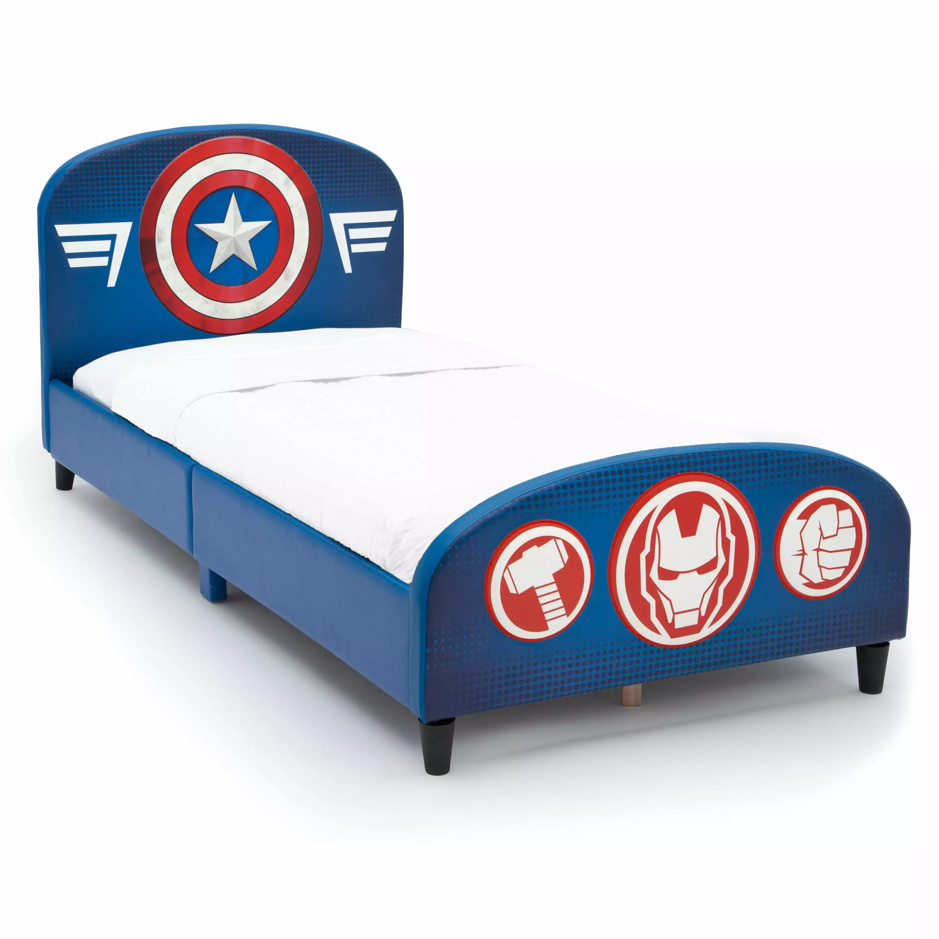 Delta Children Marvel Avengers Upholstered Twin Bed. with Thor. Iron Man. Hulk. & Captain America