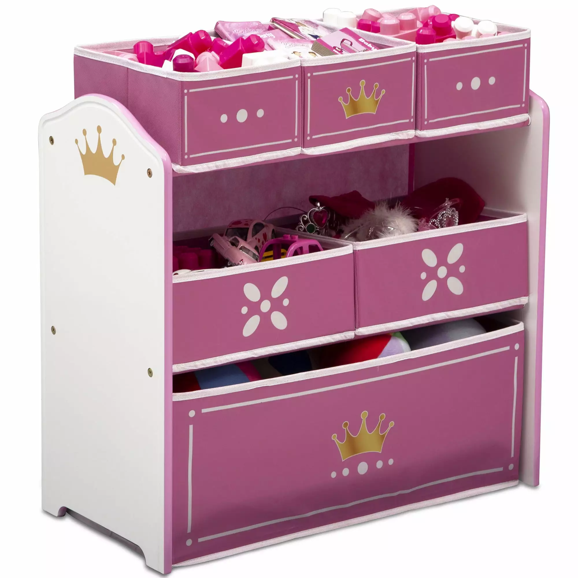 Delta Children Princess Crown 6 Bin Storage Toy Organizer. Greenguard Gold Certified. Solid Wood & Fabric. White/Pink