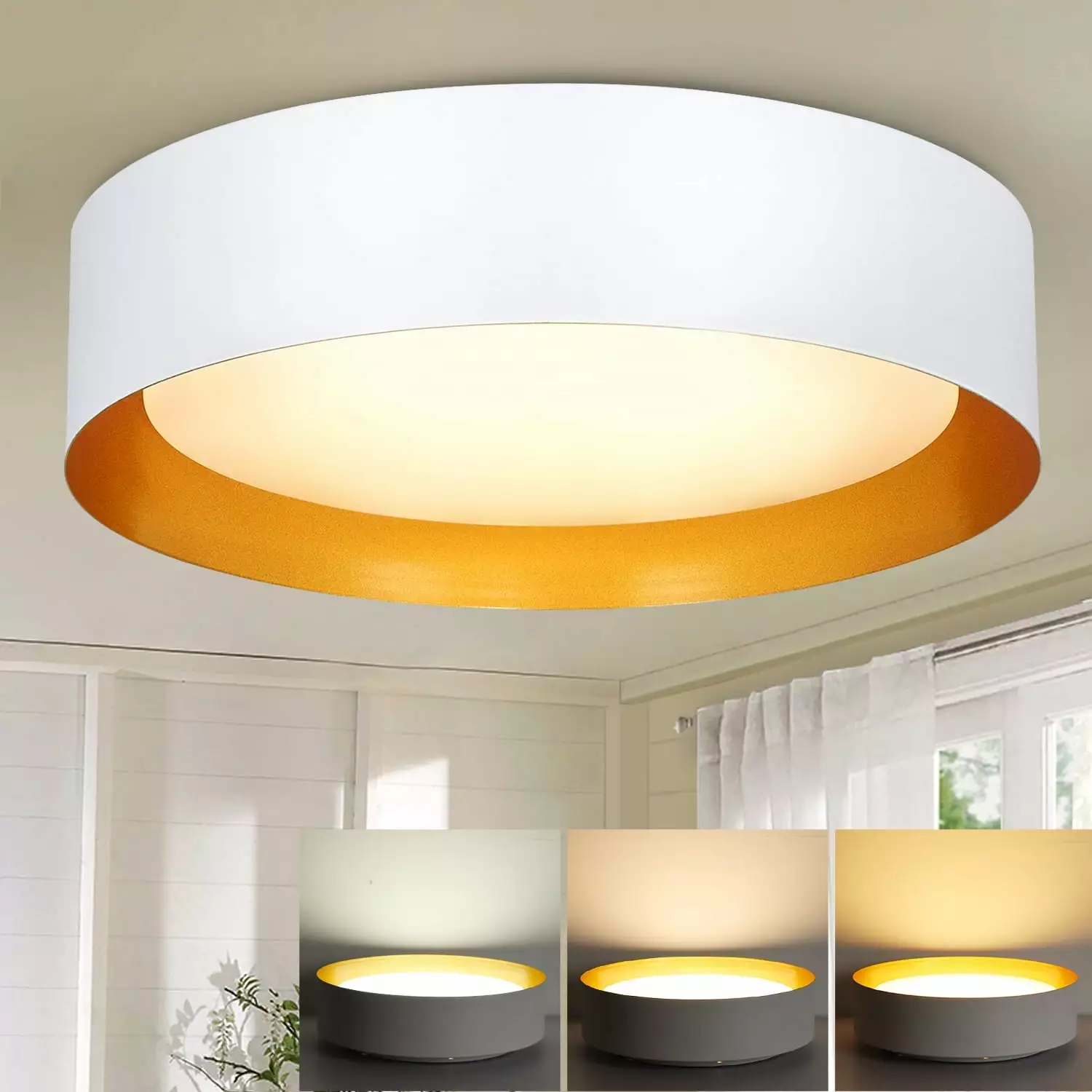 Depuley 15 LED Flush Mount Ceiling Light. Close to Ceiling Light Fixture for Living Room Bedroom. Matte White with Gold Inside. 3 Color Changeable