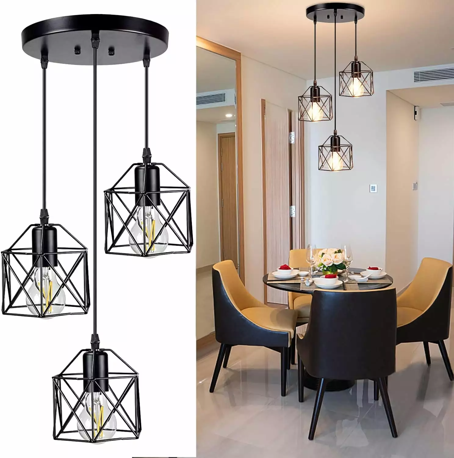 Depuley 3 Light Industrial Pendant Light Black Metal Cage Flush Mount Ceiling Light Fixture Adjustable Hanging for Kitchen Dining Room Living Room Hallway. E26 Socket