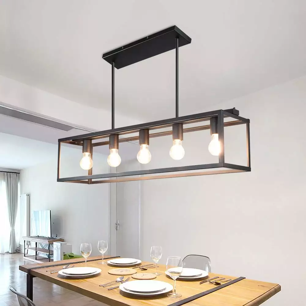 Depuley 5 Light Farmhouse Pendant Light Fixture Rectangular Metal Cage Kitchen Island Pendant Light Black Chandelier Ceiling Light for Living room Kitchen Dining. E26 Bulbs Included