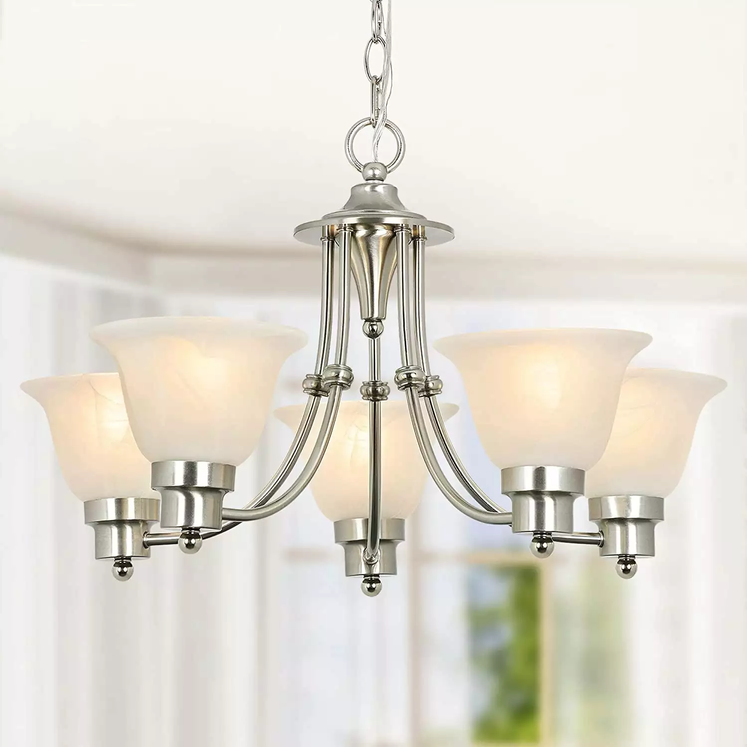 Depuley 5-Light Modern Chandelier Light Fixtures. Contemporary Chandelier Brushed Nickel with Glass Shade. Adjustable Ceiling Hanging Pendant Lighting for Dining Room.Bedroom.E26 LED Bulb(Not Include)