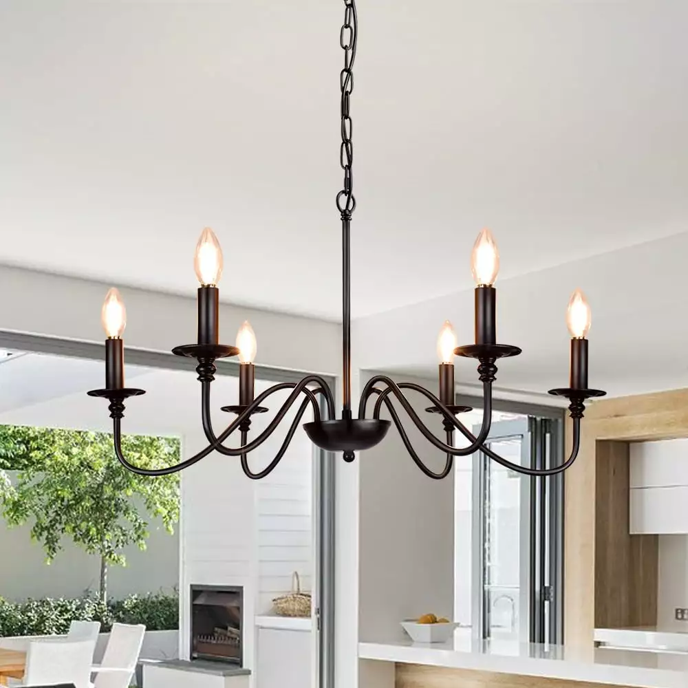 Depuley 6 Light Metal Classic Chandelier Candle Pendant Light Fixture. Farmhouse Pendant Light Vintage Pendant Light for Living Room Bedroom Kitchen Dining. Black. E12 Socket