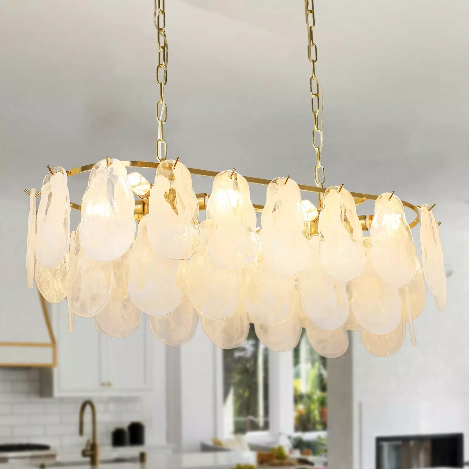 Depuley 8 Light Shell Crystal Chandelier Modern Flush Mount Ceiling Light Rectengular Glass Chandelier Coastal Pendant Light Fixture for Living Room Bedroom Dining. Bulbs Included