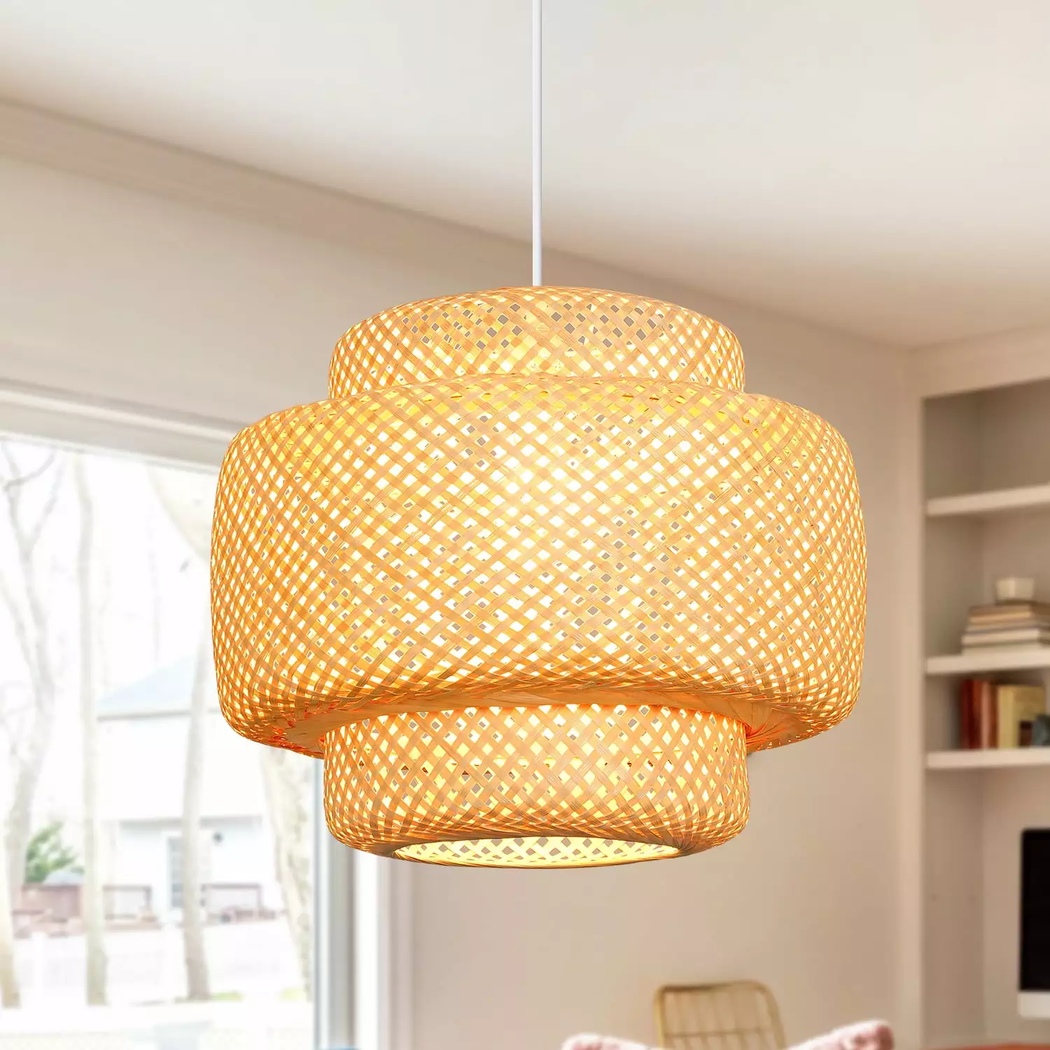 Depuley Bamboo Pendant Light Fixture Woven Wicker Chandelier Lamp. Rustic Farmhouse Hanging Ceiling Lamp for Dining Table Kitchen Island Bedroom