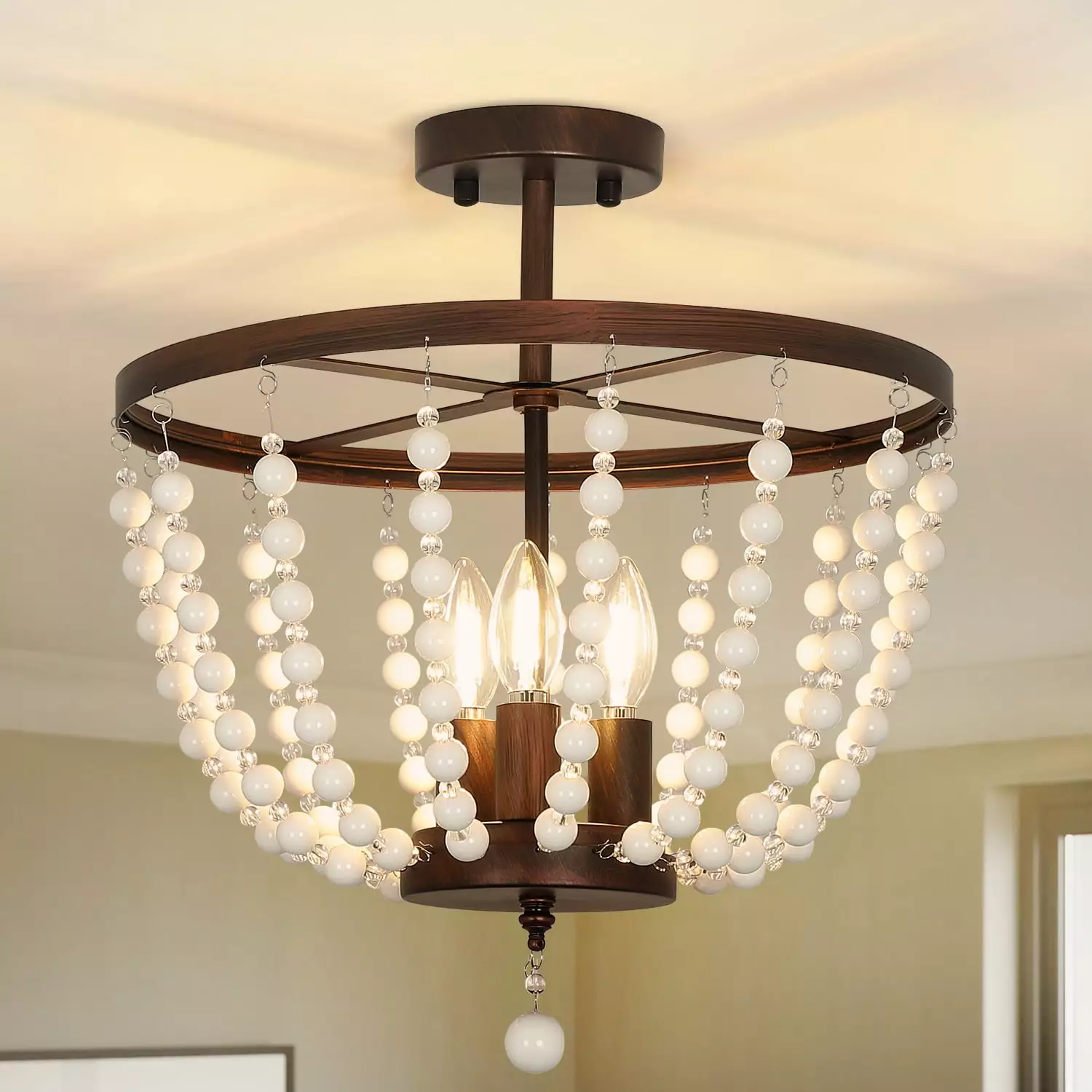 Depuley Semi Flush Mount Beaded Chandelier Boho Nursery Ceiling Light Fixture Rustic 3 Light Farmhouse Pendant Light for Living Room Bedroom Kitchen Dining.E26 Socket