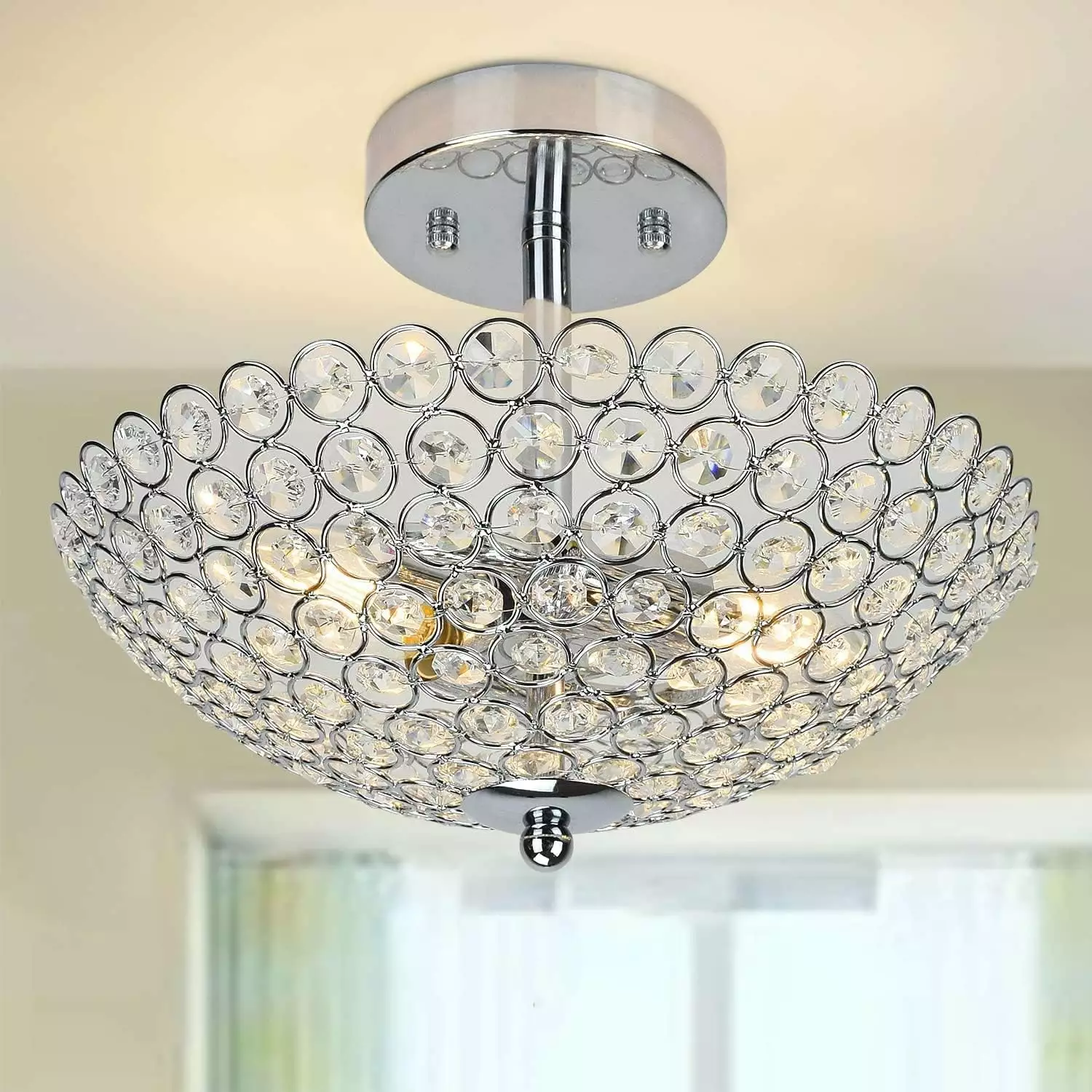 Depuley Semi-enclosed Crystal Ceiling Light with Chrome Finish Modern Semi Flush Mount Ceiling Light Fixture for Living Room Bedroom Kitchen Entryway Foyer Hallway Closet Dining. E12 Socket