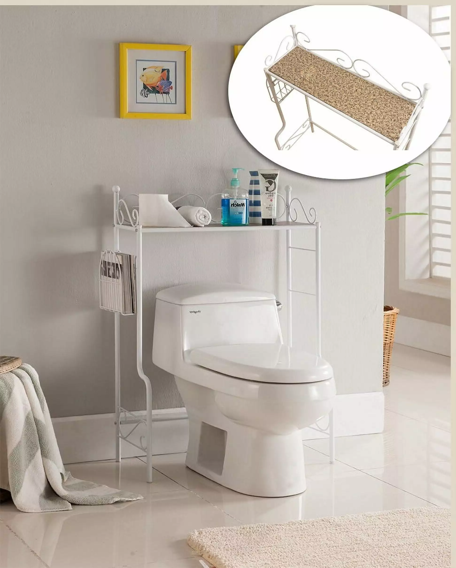 Derby Over The Toilet Bathroom Spacesaver Rack. White Metal & Marble Wood