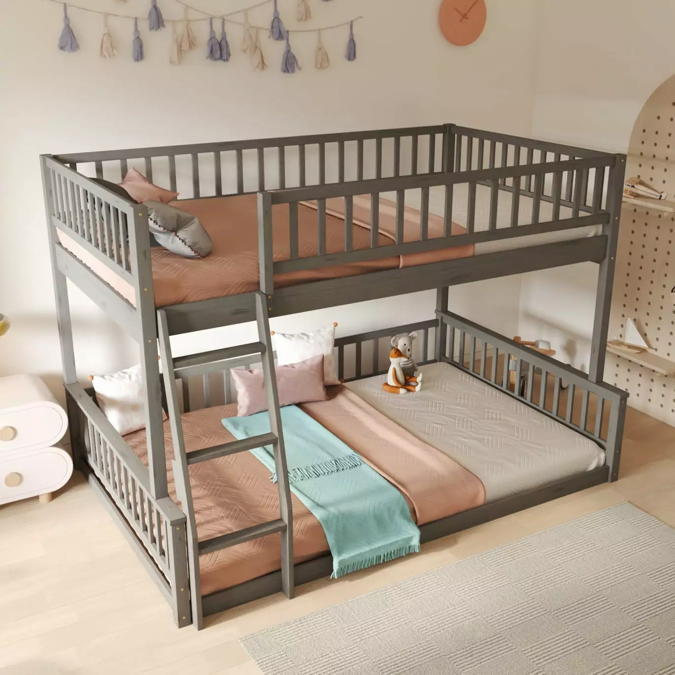 Detachable Bunk Bed with Ladder and Guardrails. Full XL over Queen Bunk Bed Frame with 2 Separate Platform Bed for Kids Teens. No Needed Box Spring. Gray