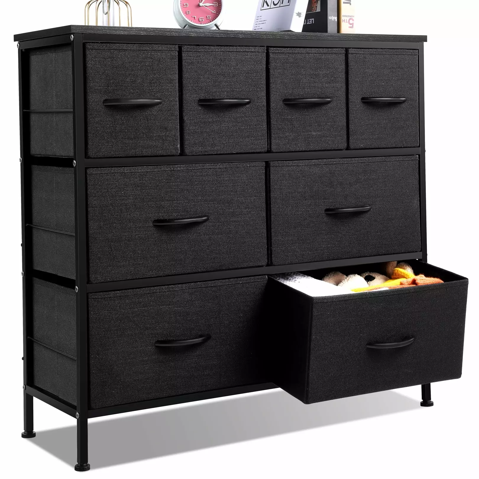 Devo 3-Tier 8 Drawer Dresser. Dresser Chest for Bedroom Cationic Fabric Drawers Organizer with Handle. Wood Top Tower Storage with 4 Adjustable Foot Pads /Anti-Tip/Heavy Duty Closet Shelf. Black