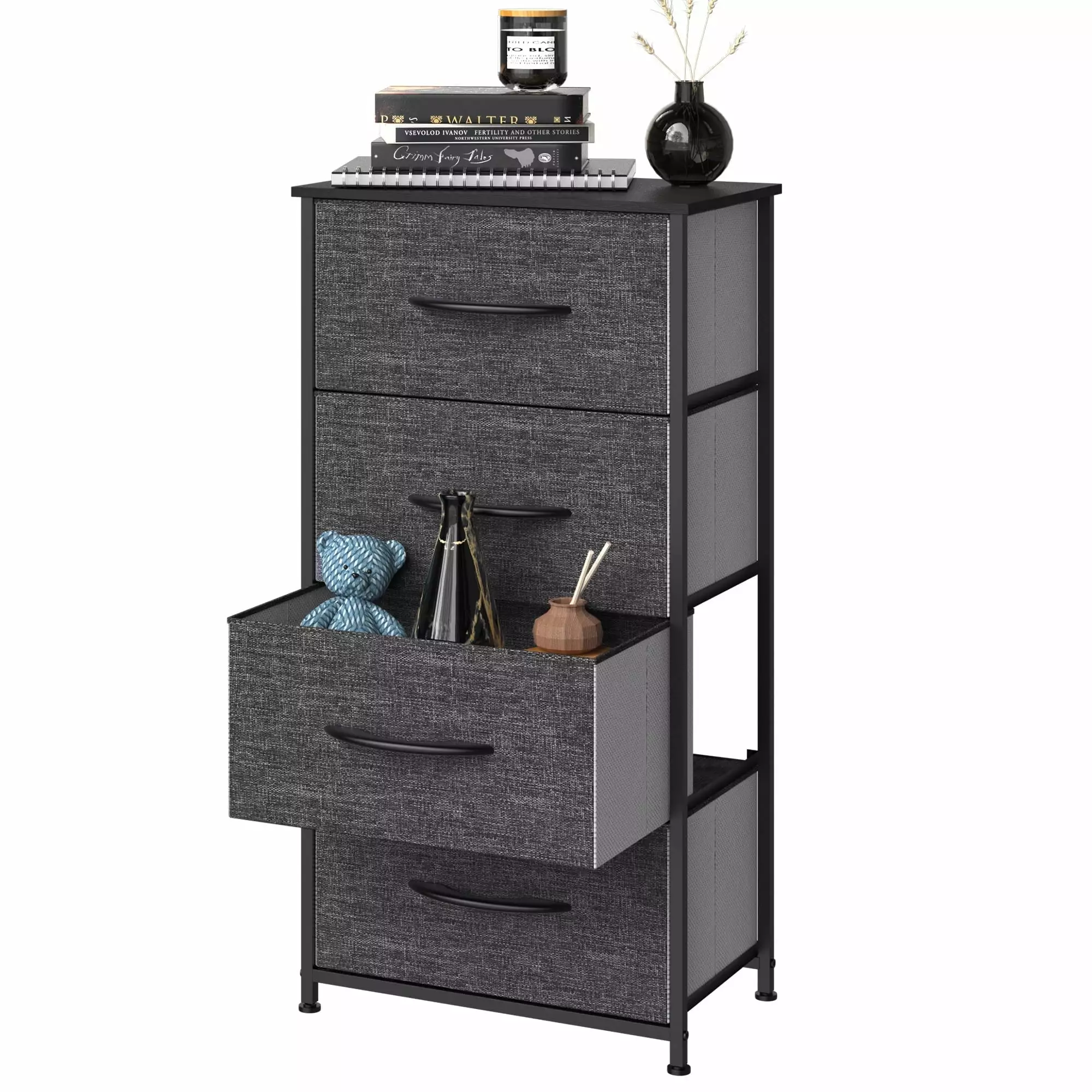 Dextrus 4 Drawers Dresser Shelf Organizer Bedroom Bedside Storage Tower Black Grey