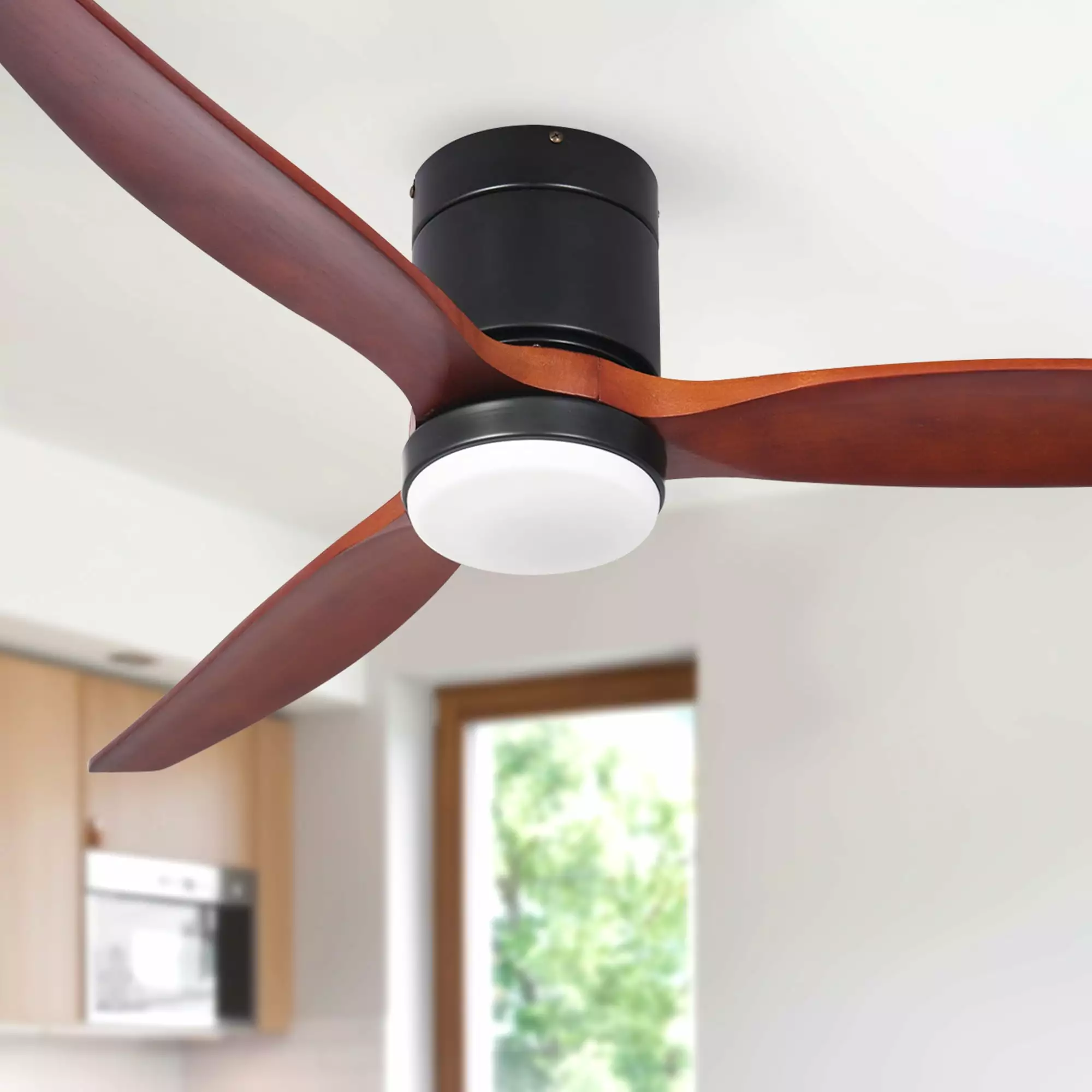 Dextrus 52 Inch Ceiling Fan with Light and Remote. Wall Control Flush Mount Fan Light with 6 Speed. 3 Blades.Reversible Airflow - Black & Walnut