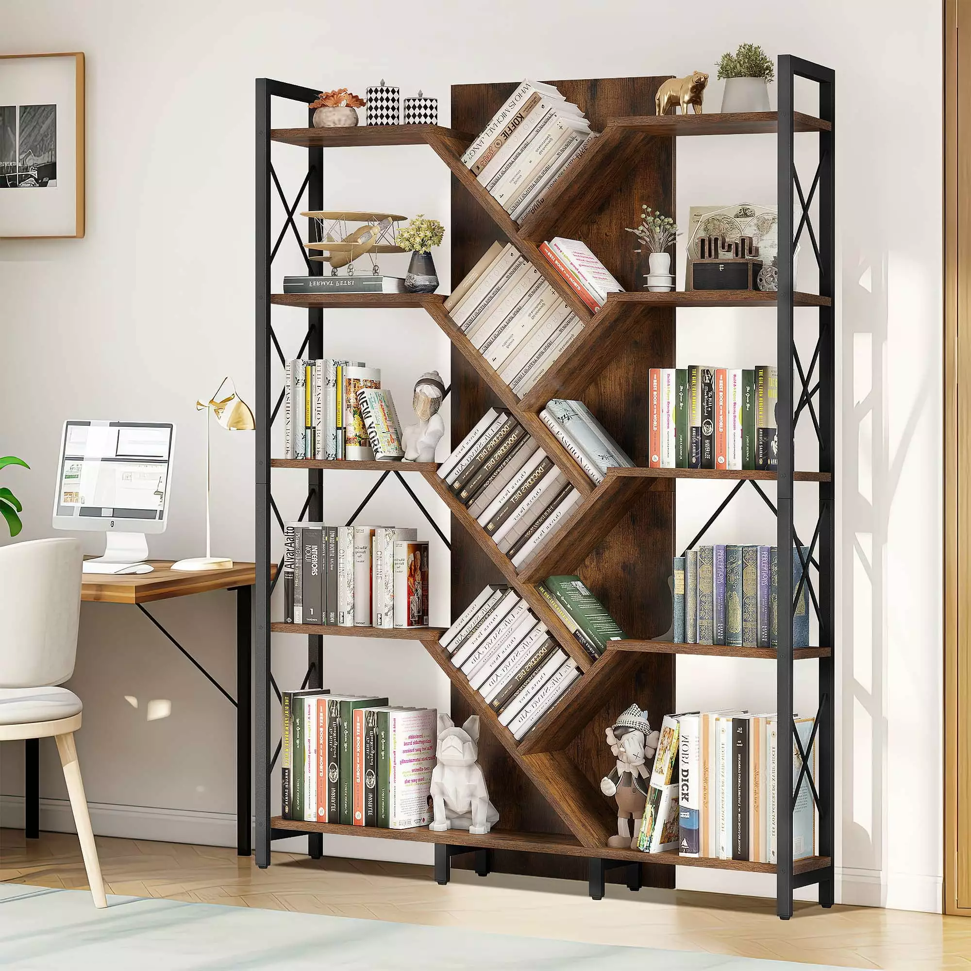 Dextrus 70.8 Tall Bookshelf and Bookcase. Industrial 5 Tier Large Bookshelves. Standing Tree Book Shelves Organizer Wide Display Rack for Living Room.Bedroom. Home Office. Rustic Brown