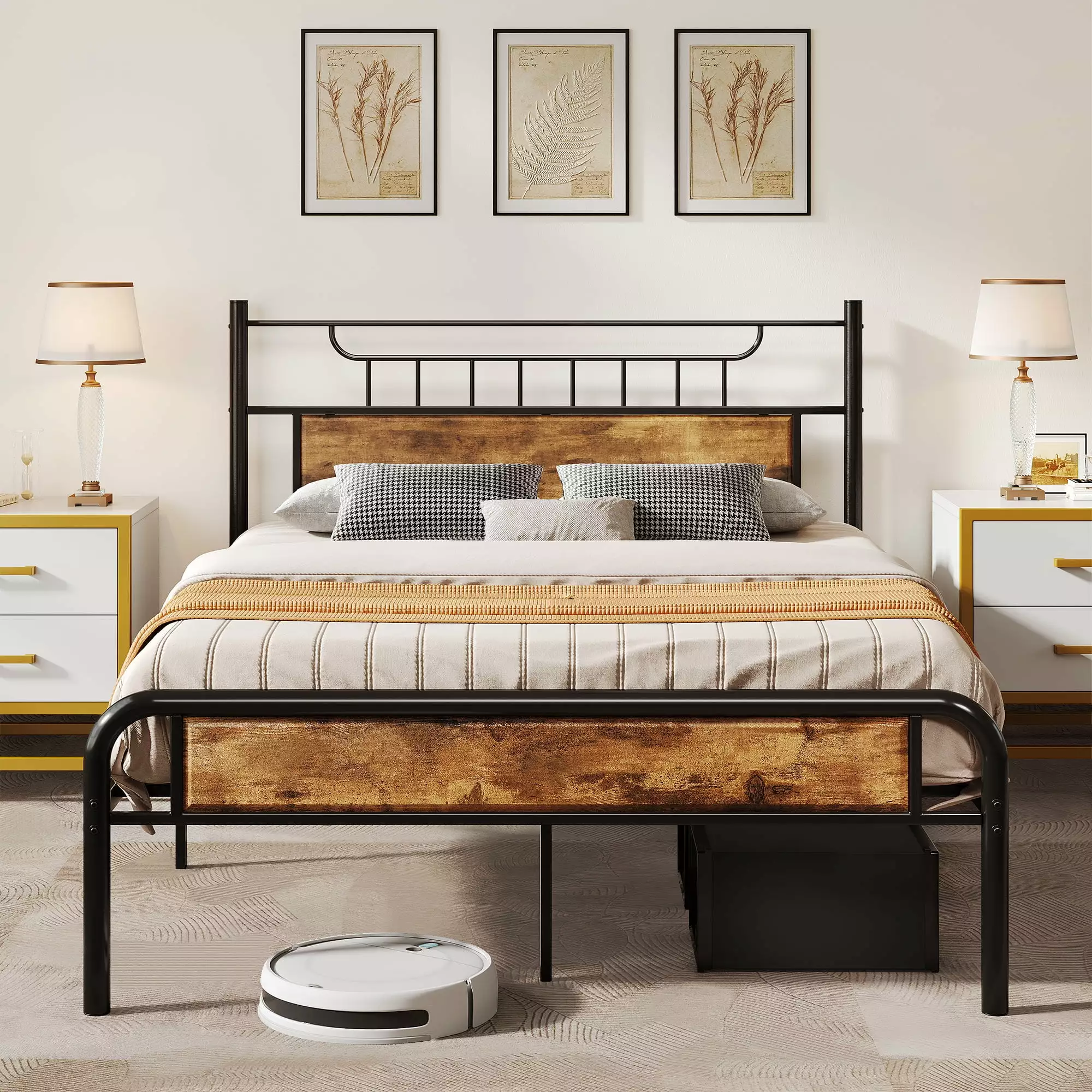 Dextrus Farmhouse Queen Platform Metal Bed Frame with Headboard & Soundproof Cotton. No Box Spring Needed