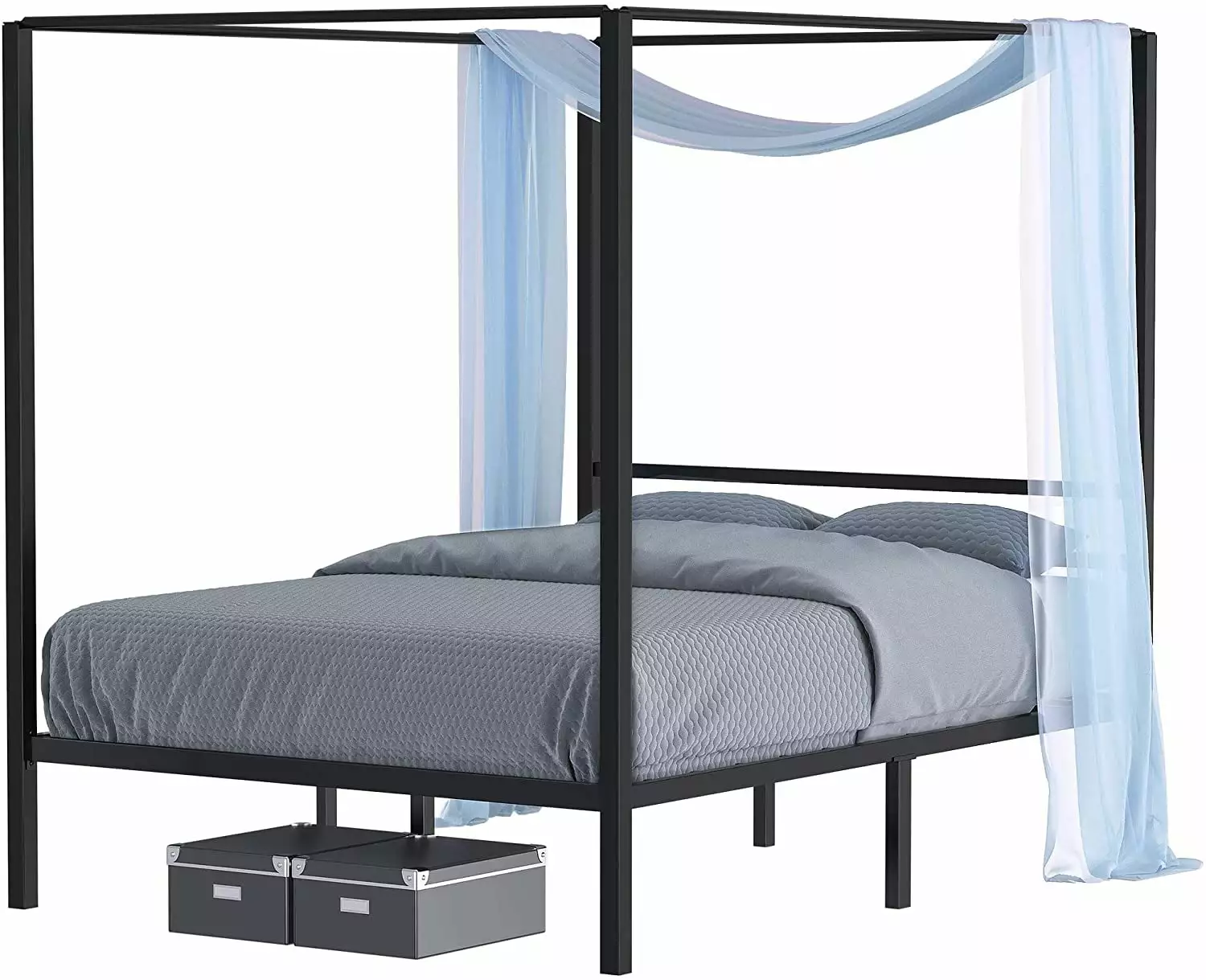 Dextrus Metal Canopy Bed Frame 14 Platform with Headboard Strong Metal Slat Support Mattress Foundation. No Box Spring Needed. Black. Queen Size