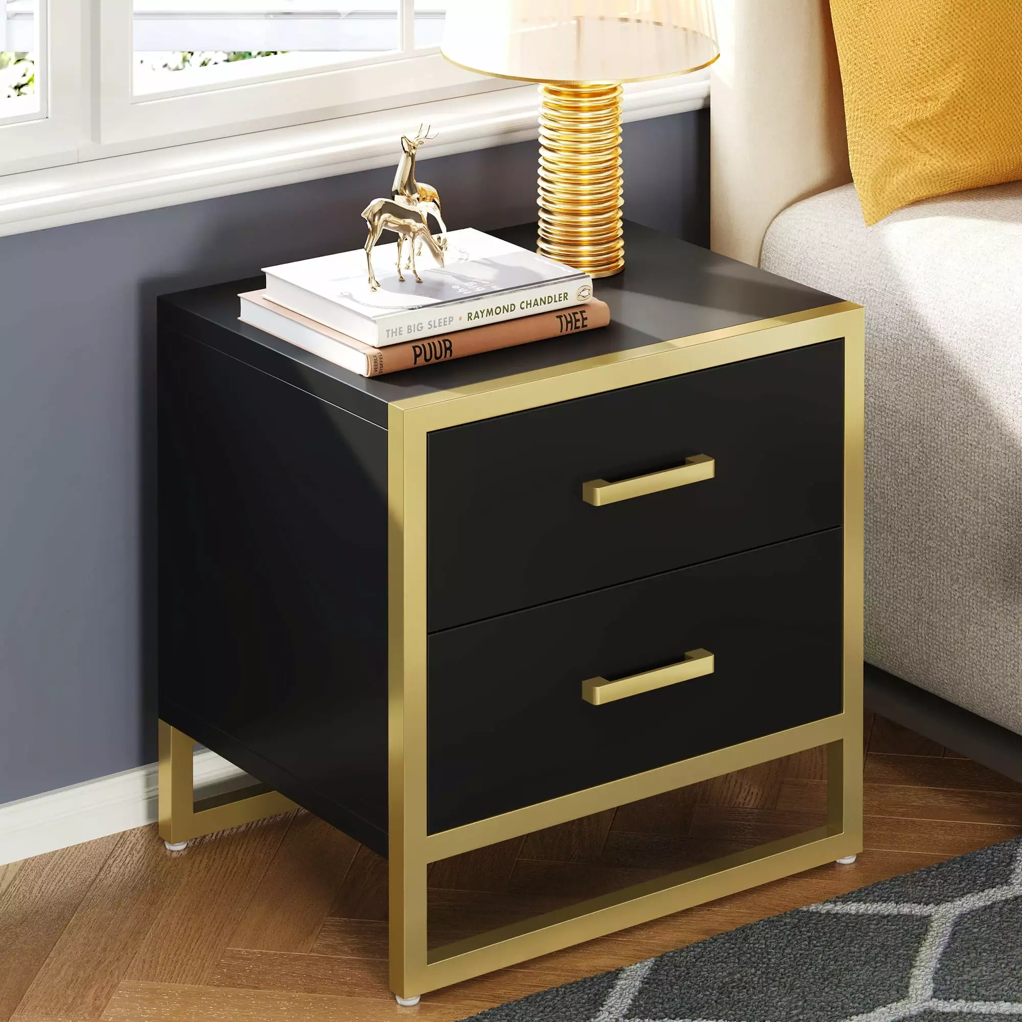 Dextrus Mid-Century Modern Nightstand End Side Table with 2 Drawers for Bedroom Living Room. Black