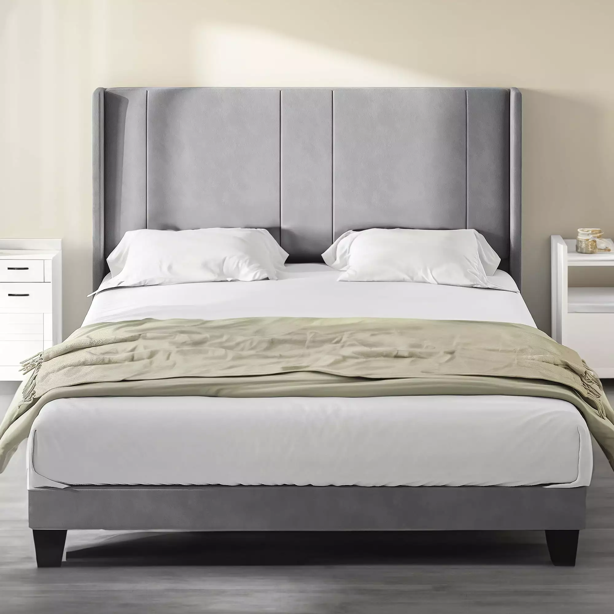 Dextrus Upholstered Wingback Platform Bed with Gray Velvet Headboard. Bed Frame with Wood Slat. No Box Spring Needed. Mattress Foundation (Queen)