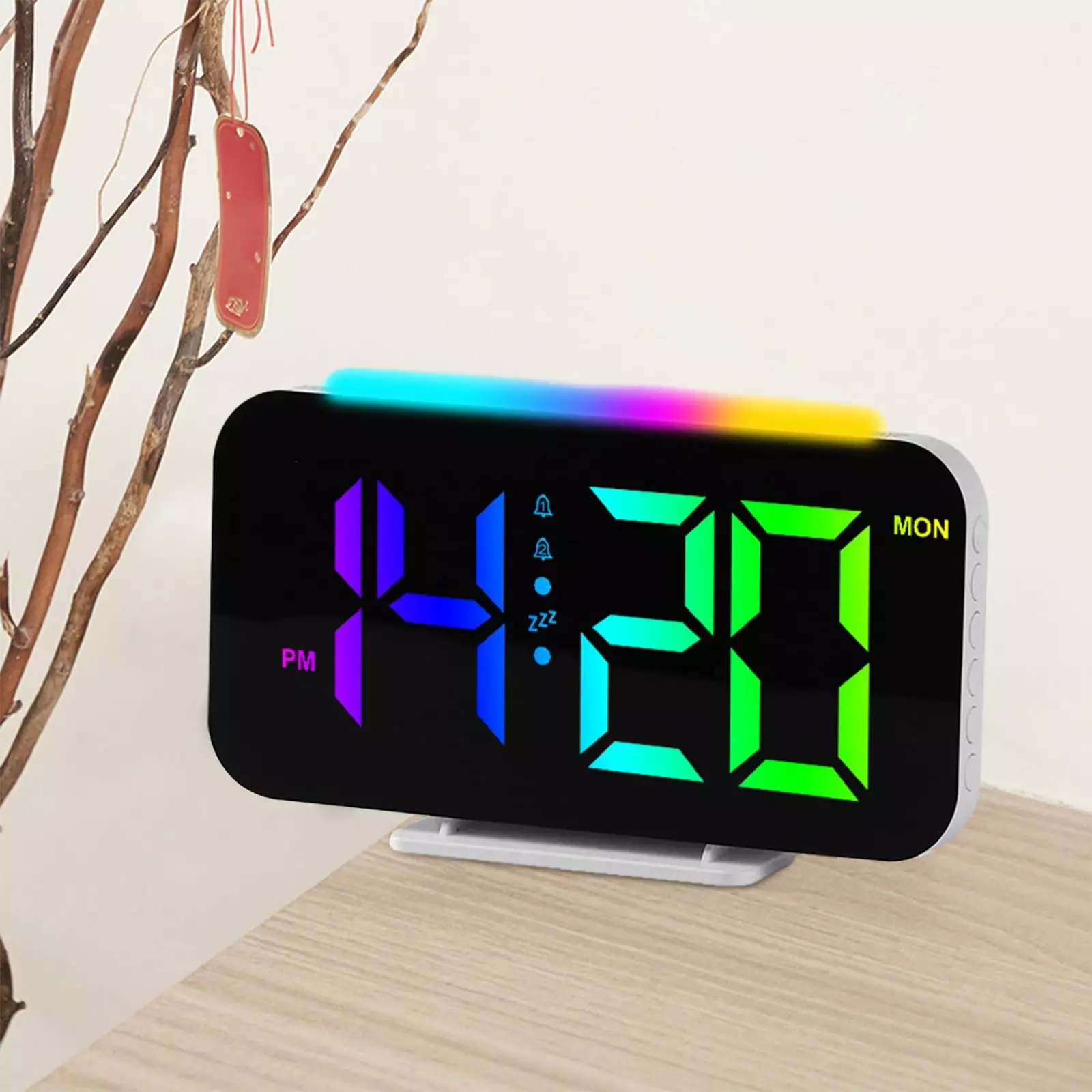 Digital Clock Qwtwty RGB Digital Wall Clock TEMP Date Week Auto Dimmable Snooze Table Clock RGB Night Light 12/24H 2 Alarms LED Clock On Clearance