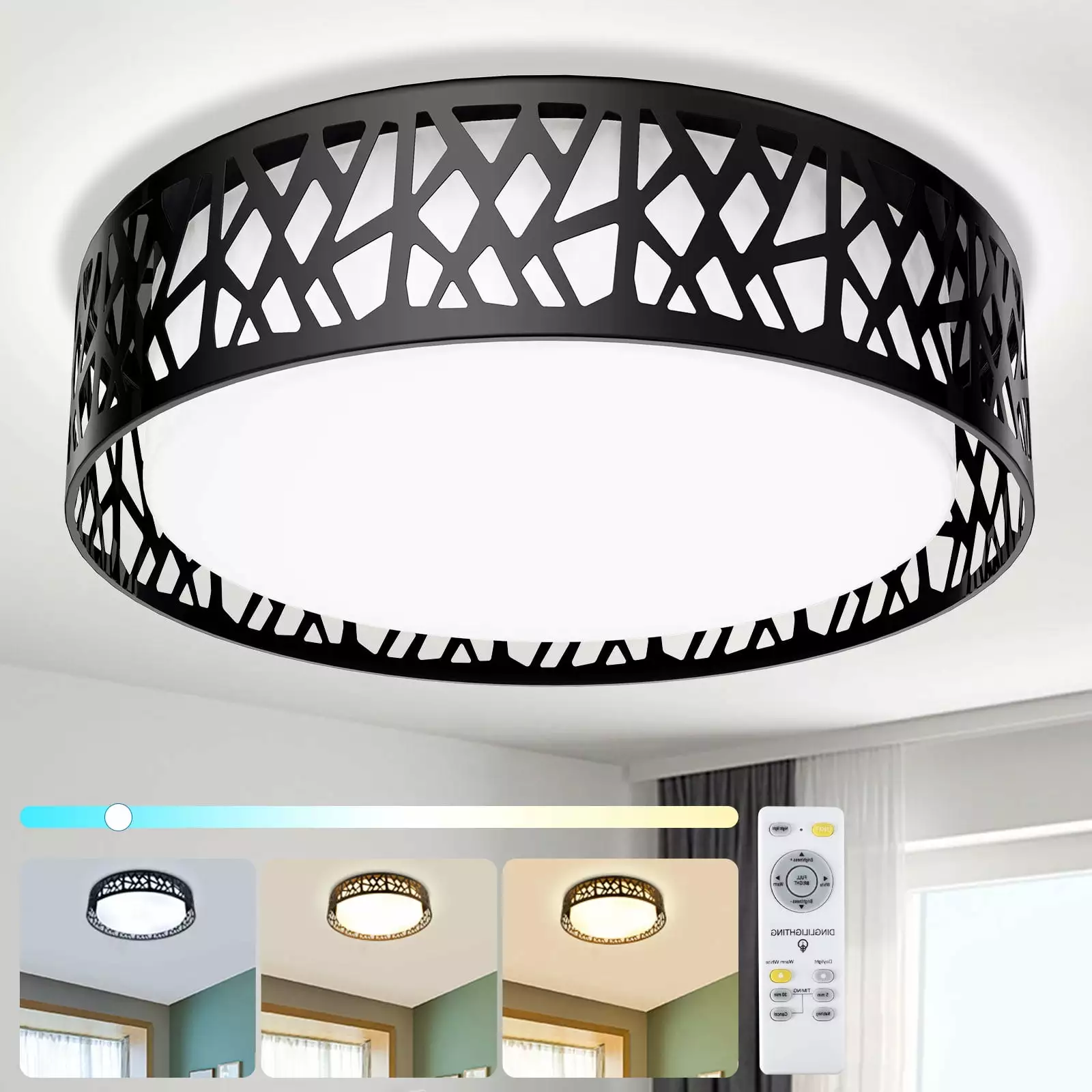 DingLiLighting 18.5 LED Modern Ceiling Light with Remote Black Flush Mount Light Fixture Dimmable for Living Room Bedroom Kitchen Dining. 3 Color Changeable