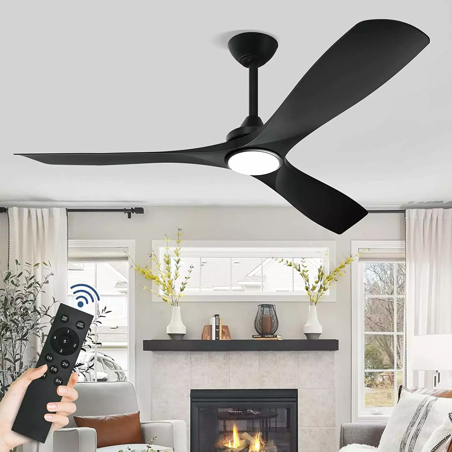 DingLiLighting 52 Modern Indoor Outdoor Ceiling Fan with Light LED Dimmable Remote.5-Speed Industrial Ceiling Fan for Patio Exterior House Porch livingroom bedroom. Black.3-Blade.Timing