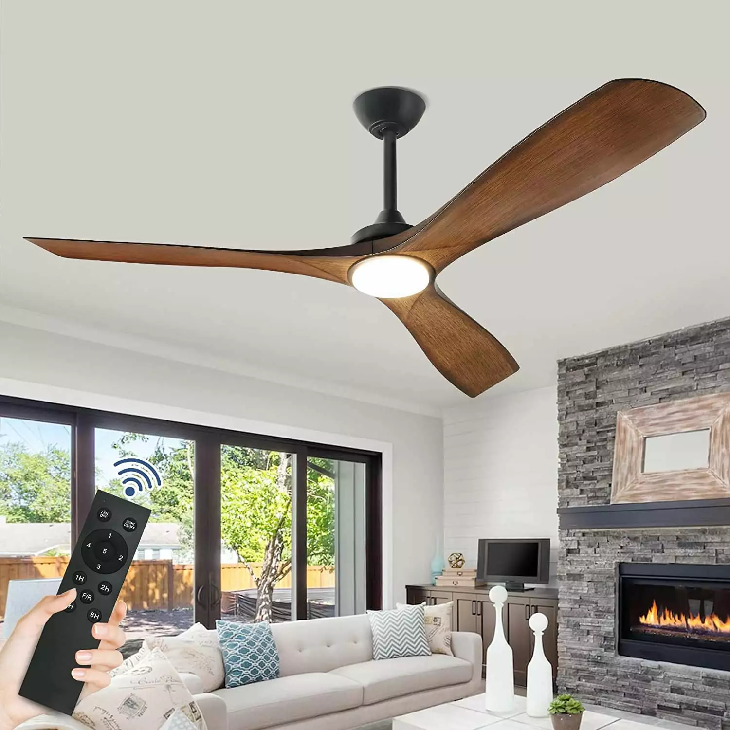 DingLiLighting 52 Modern Indoor Outdoor Ceiling Fan with Light LED Dimmable Remote.5-Speed Industrial Ceiling Fan for Patio Exterior House Porch livingroom bedroom. Wood.3-Blade.Timing