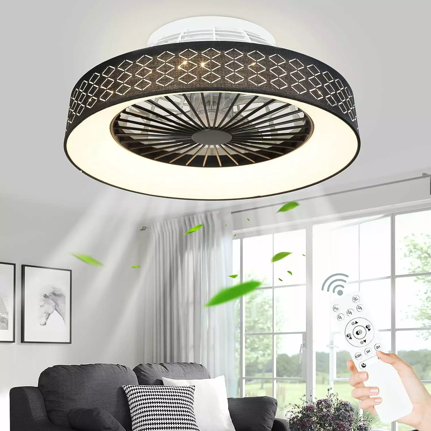 DingLiLighting Bladeless Ceiling Fan with Light and Remote Modern Black Ceiling Fan Low Profile Ceiling Fan for Living Room Bedroom Dining