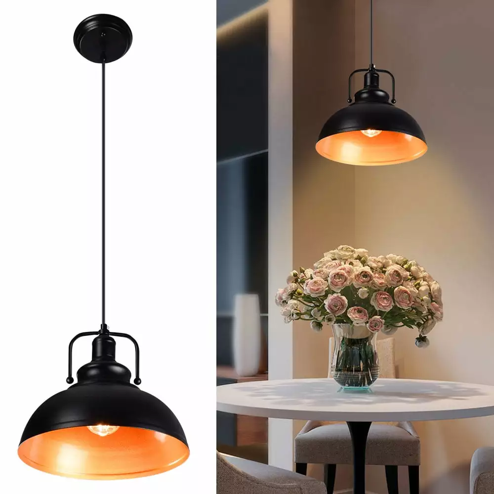 DingLiLighting Vintage Hang Pendant Light. Adjustable Metal Ceiling Hanging Light Fixture Farmhouse Decor. E26 Black