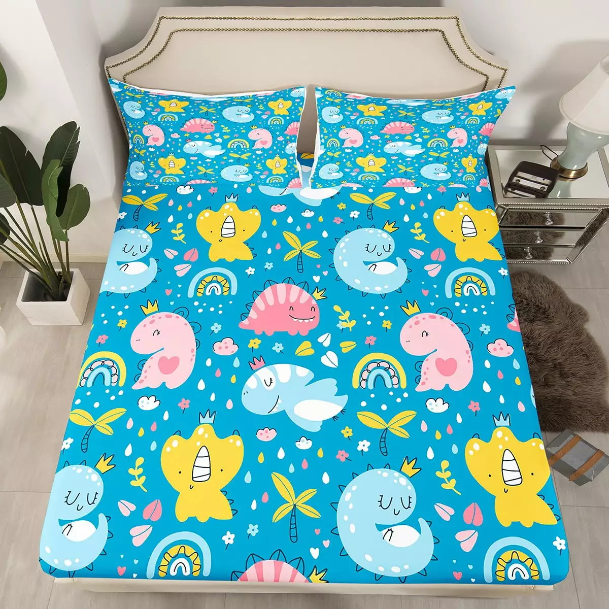 Dinosaur Bedding Set Kids Girls Boys Kawaii Decor.Palm Trees Flowers Cute Rainbow Fitted Sheet.Cartoon Dinosaurs Yellow Blue Pink Dinos Bed Sheets Twin.Jungle Wild Animals Sheets