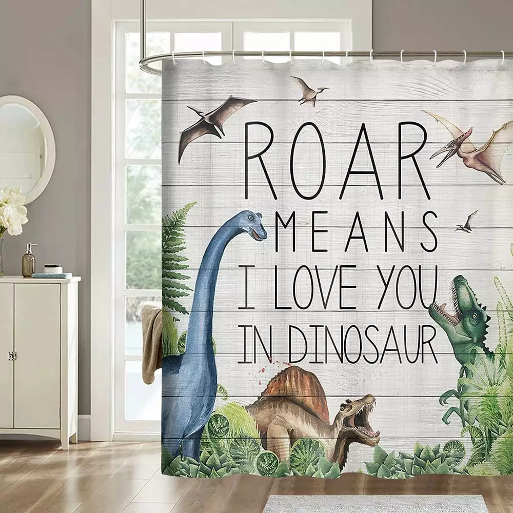 Dinosaur Shower Curtain for Boys Kids Bathroom Decor. Jurassic Animal Dino Jungle Forest Mountain Decor Fabric Shower Curtain for Bathroom. Wildlife Bathroom Decor Accessories 12PCS Hooks. 70X70IN