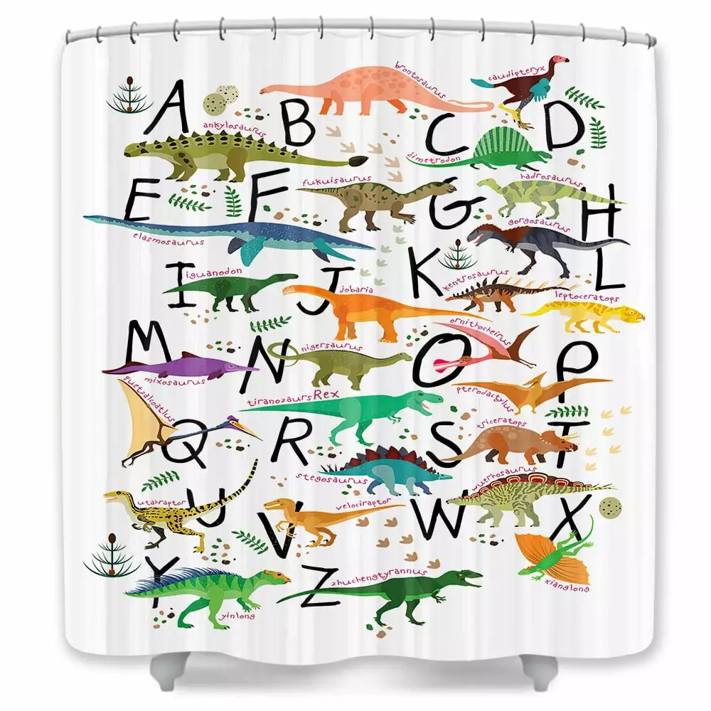 Dinosaur Shower Curtain. Cartoon Cute Kids Alphabet Design Bath Curtains. Funny Educational Dinos Bathroom Decor for Boys Children Teens. Hooks Included. 60X72