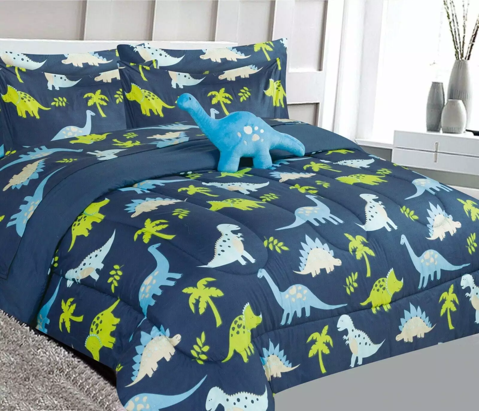 Dinosaur blue print design Bed in Bag comforter & sheet set of 6 piece in twin size super soft fade resistant for girls. boys room d??cor