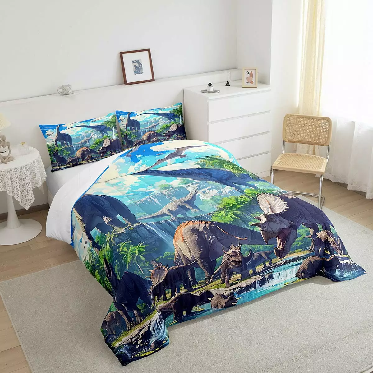 Dinosaurs Boys Bedding Sets Twin.3D Dino Quilt Dinosaurios Reptile Jungle Animal Comforter Set.Tropical Trees Pterosaur Triceratops Tyrannosaurus Rex Toddlers Kids Room Decor