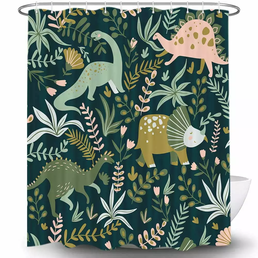 Dinosaurs and Green Leaves Shower Curtain. Cute Dino Colorful Kid Funny Cartoon Animal Boys Kids Bathroom Curtain. Waterproof Fabric Bathroom Accessories Sets with Hooks 69 x 70 inch