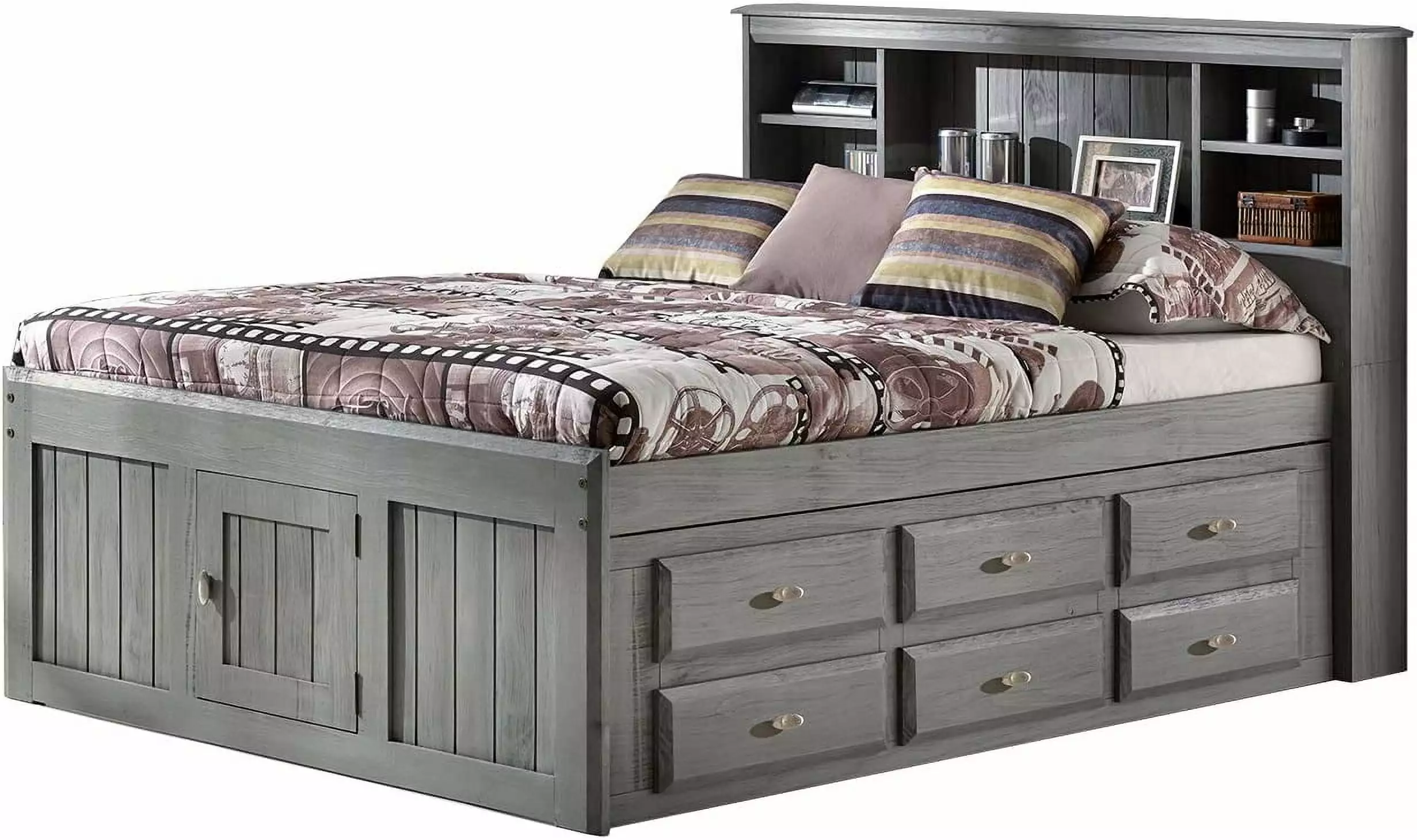 Discovery World Furniture - Full Size Bed Frame with Headboard Bookcase Captain Bed with 6 Drawers. Full Size Bed with Storage. Charcoal