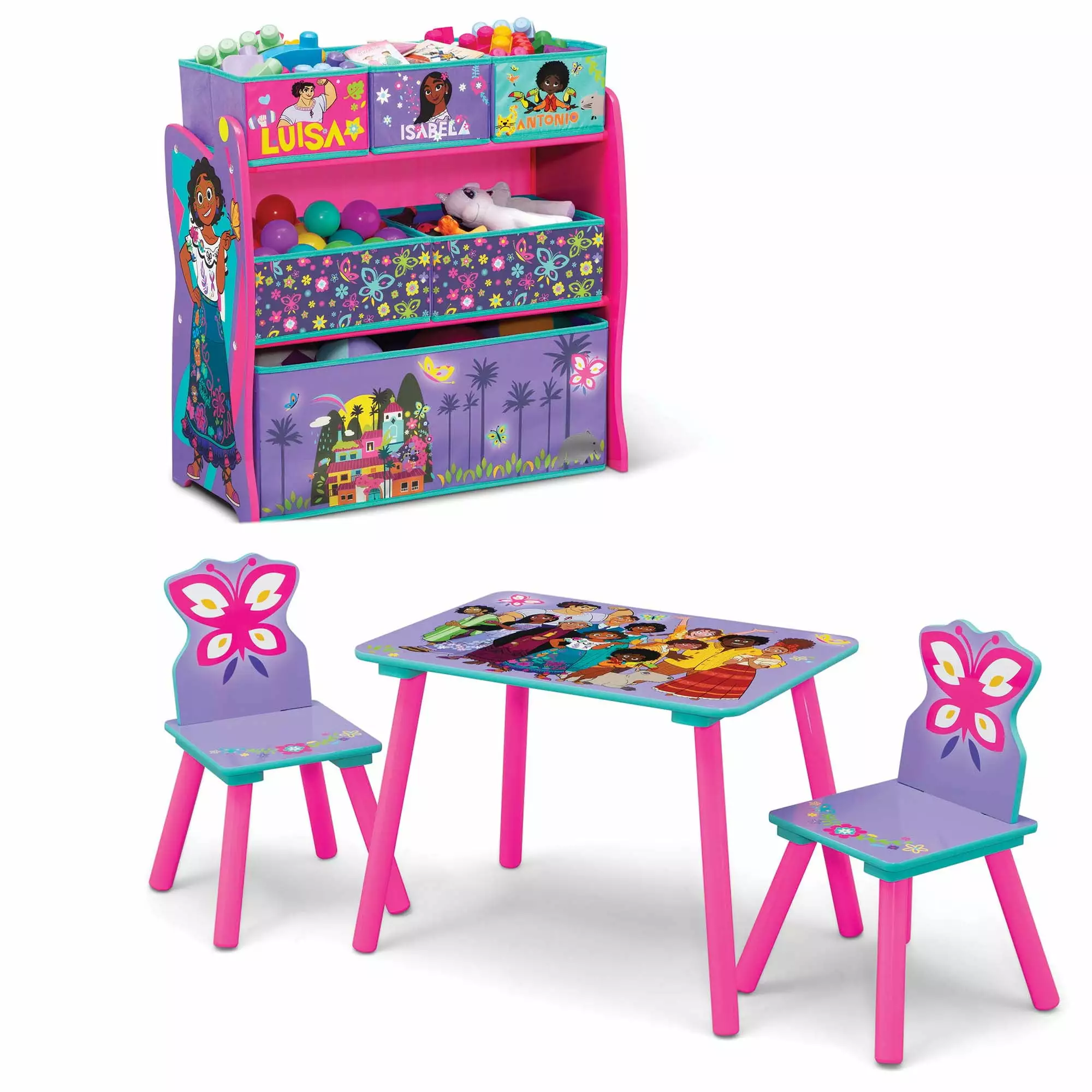 Disney Encanto 4-Piece Toddler Playroom Set by Delta Children Includes Play Table with 2 Chairs and 6 Bin Toy Organizer. Purple