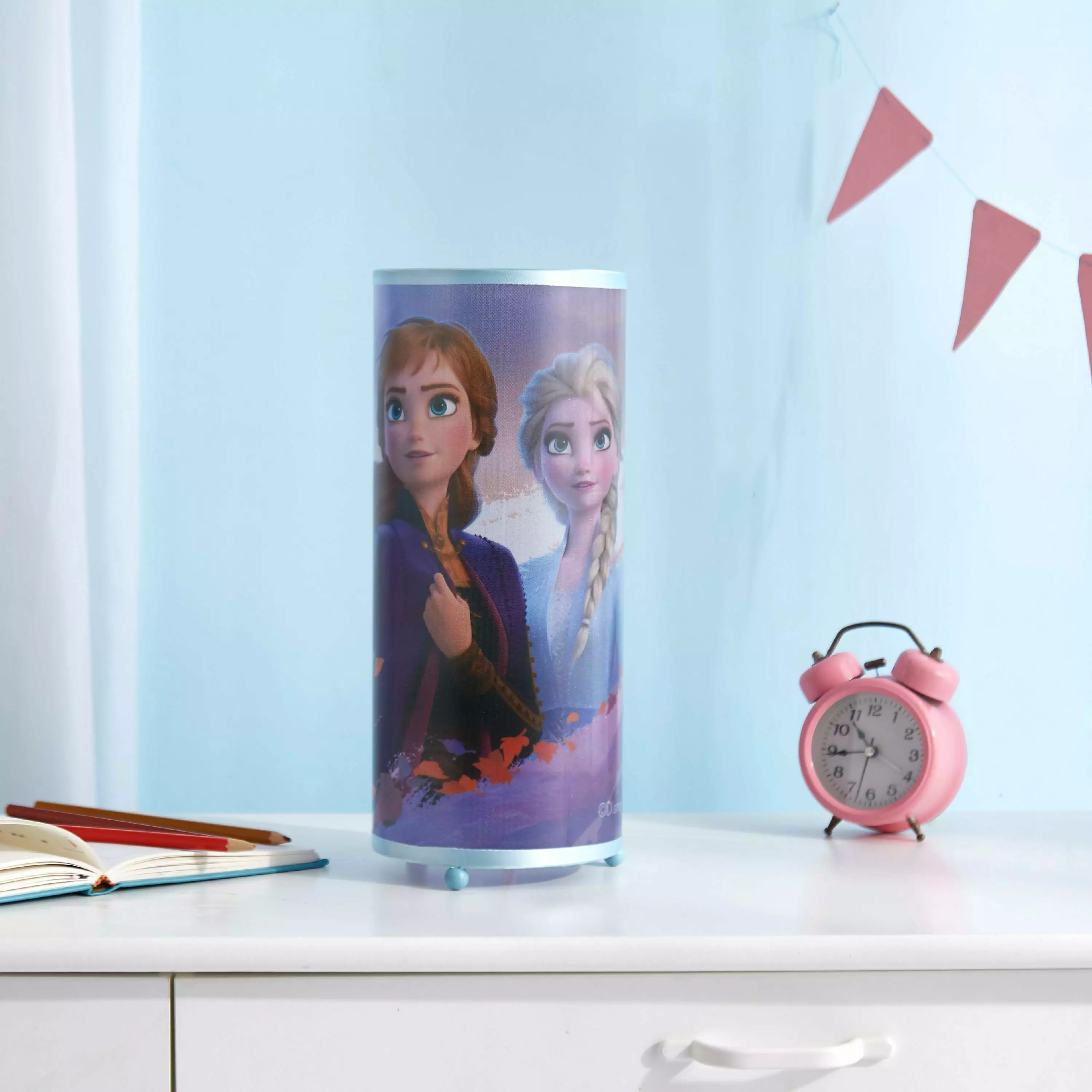 Disney Frozen 2 Anna and Elsa Glitter Cylinder Table Lamp. Blue. Plastic Material and Finish. Use for Kids Room