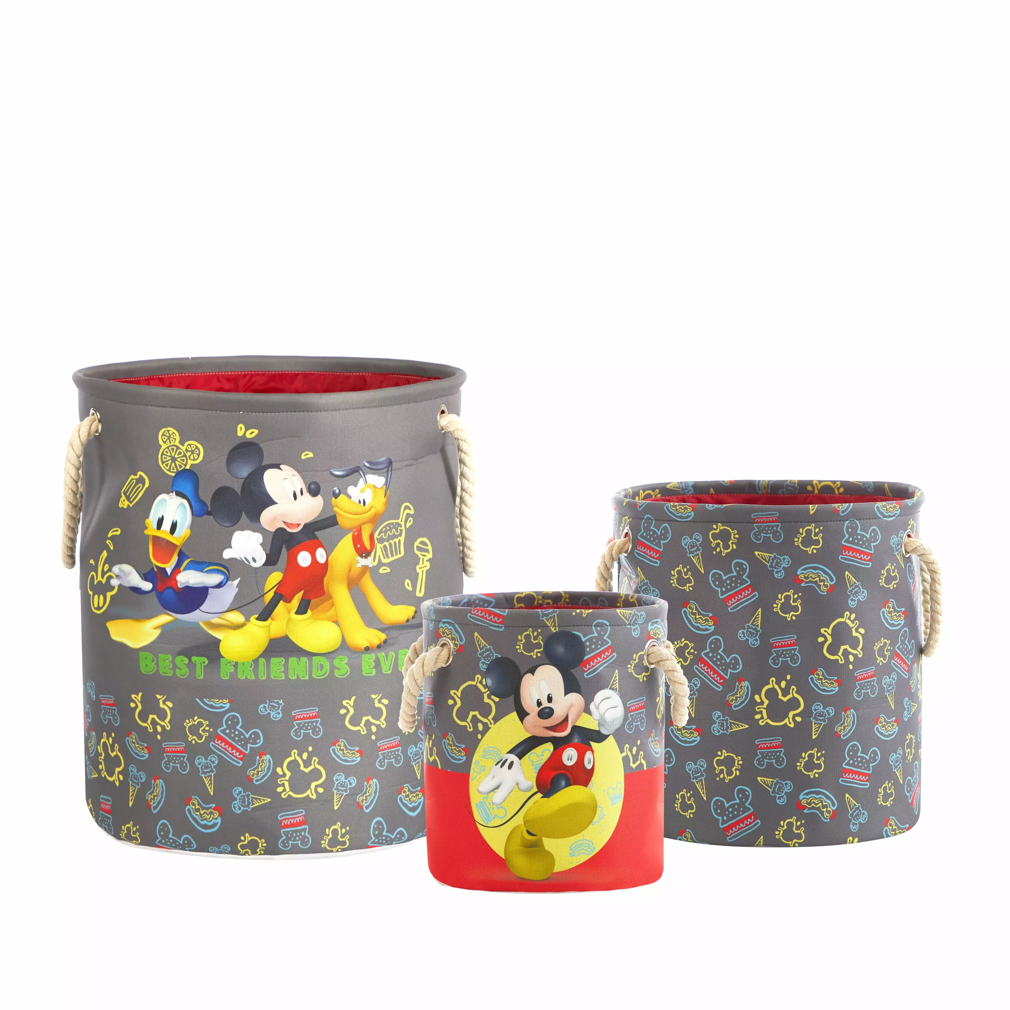 Disney Mickey Mouse Kids Fabric Round Nestable Storage Bin Set. 3-Piece