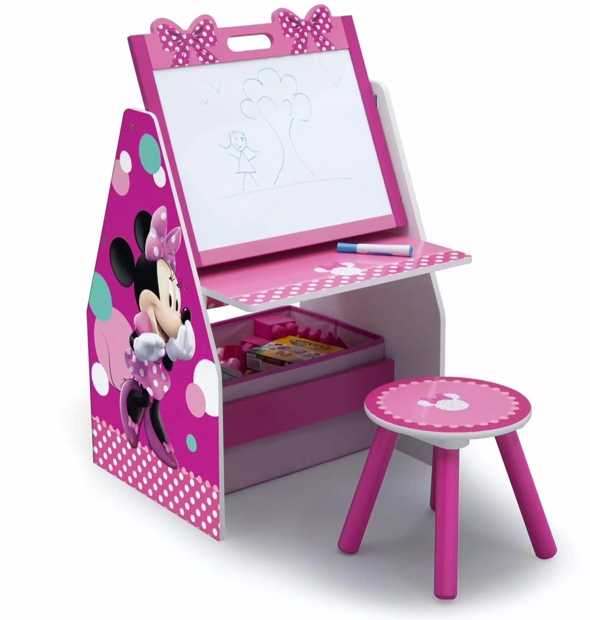 Disney Minnie Mouse Deluxe Kids Art Table. Easel. Desk. Stool & Toy Organizer. Greenguard Gold Certified